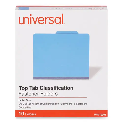 Universal® Bright Colored Pressboard Classification Folders, Letter Size, Cobalt Blue, 2" Expansion, 2 Dividers, 6 Fasteners, 10/Box