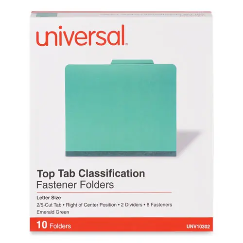 Universal® Bright Colored Pressboard Classification Folders, Letter Size, Emerald Green, 2" Expansion, 2 Dividers, 6 Fasteners, 10/Box