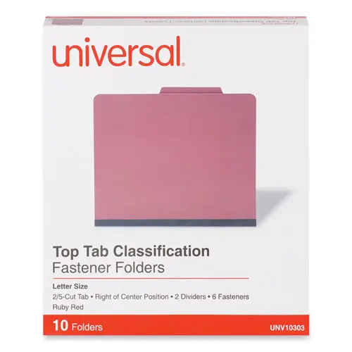 Universal® Bright Colored Pressboard Classification Folders, Letter Size, 2" Expansion, 2 Dividers, 6 Fasteners, Ruby Red, 10/Box