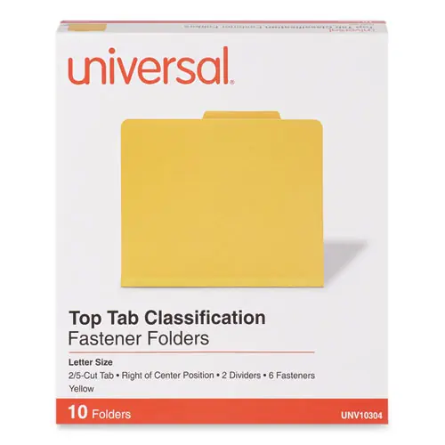 Universal® Bright Colored Pressboard Classification Folders, 2" Expansion, 2 Dividers, 6 Fasteners, Letter Size, Yellow Exterior, 10/Box