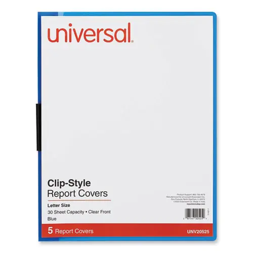 Universal® Clip-Style Report Cover, Clip Fastener, 8.5 x 11, Clear/Blue, 5/Pack