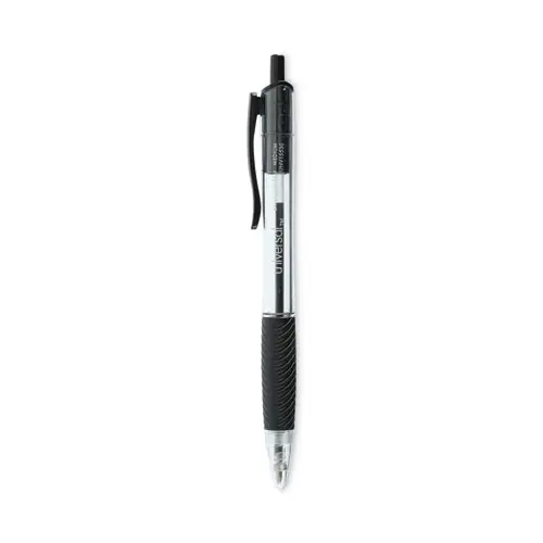 Universal™ Comfort Grip Ballpoint Pen, Retractable, Medium Point, 1 mm, Black Ink, Clear/Black Barrel, 48/Pack