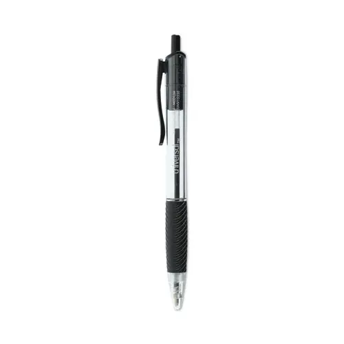 Universal™ Comfort Grip Ballpoint Pen, Retractable, Medium 1 mm, Black Ink, Clear/Black Barrel, Dozen