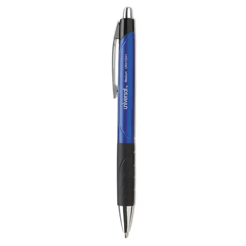 Universal™ Comfort Grip Ballpoint Pen, Retractable, Medium 1 mm, Blue Ink, Blue/Black Barrel, Dozen