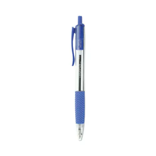 Universal™ Comfort Grip Ballpoint Pen, Retractable, Medium, 1 mm, Blue Ink, Clear/Blue Barrel, Dozen