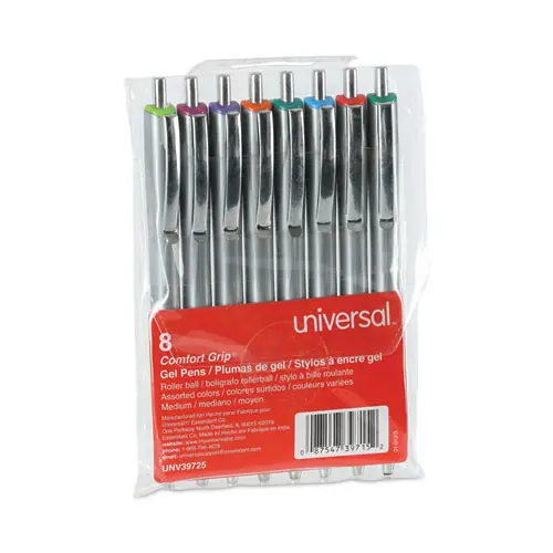 Universal™ Comfort Grip Gel Pen, Retractable, Medium Point, 0.7 mm, Assorted Colors, 8/Pack