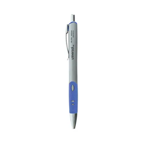 Universal™ Comfort Grip Gel Pen, Retractable, Medium, 0.7 mm, Blue Ink, Gray/Blue/Silver Barrel, Dozen
