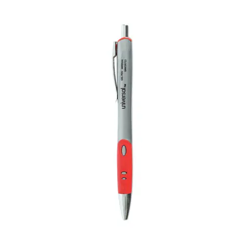 Universal™ Comfort Grip Gel Pen, Retractable, Medium 0.7 mm, Red Ink, Gray/Red/Silver Barrel, Dozen