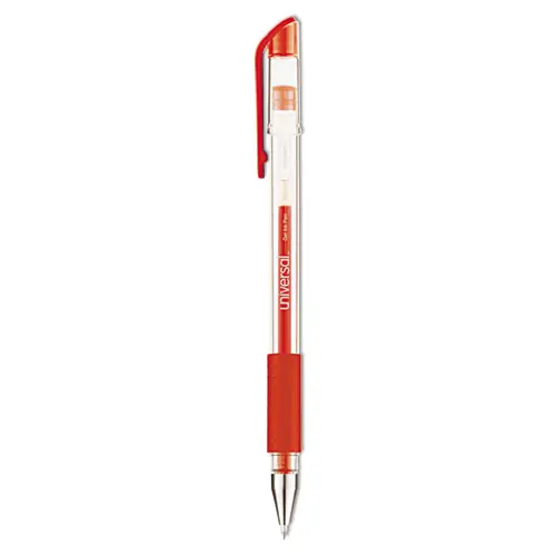 Universal™ Comfort Grip Gel Pen, Medium Point, 0.7 mm, Red Ink, Clear/Red Barrel, Dozen