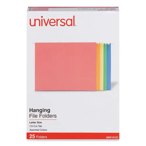Universal® Deluxe Bright Color Hanging File Folders, Letter Size, 1/5-Cut Tabs, Assorted Colors, 25/Box