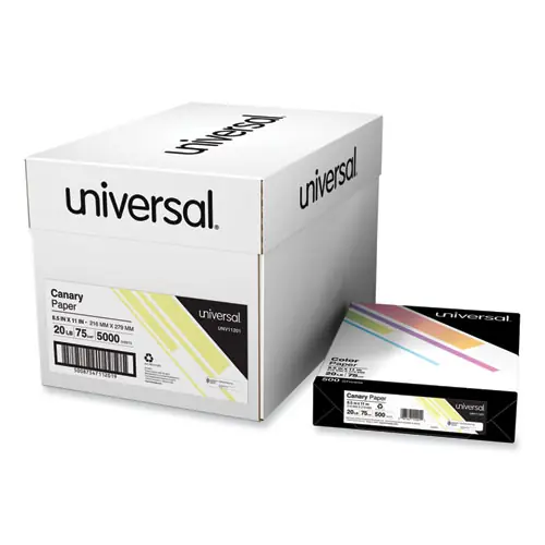Universal® Deluxe Colored Paper, 20 lb Bond Weight, 8.5 x 11, Canary, 500 Sheets/Ream, 10 Reams/Carton