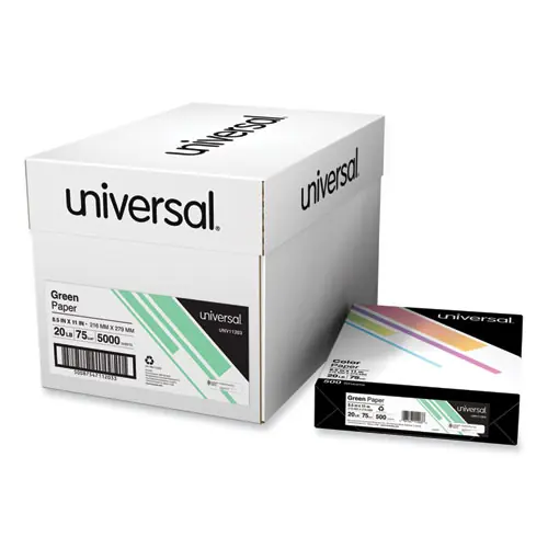 Universal® Deluxe Colored Paper, Green, 8.5 x 11, 20 lb, 500 Sheets/Ream, 10 Reams/Carton