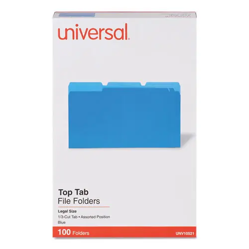 Universal® Deluxe Colored Top Tab File Folders, 1/3-Cut Tabs, Assorted Positions, Legal Size, Blue/Light Blue, 100/Box