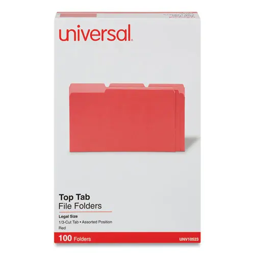 Universal® Deluxe Colored Top Tab File Folders, 1/3-Cut Tabs, Assorted Positions, Legal Size, Red/Light Red, 100/Box