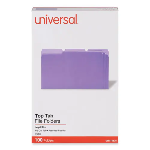 Universal® Deluxe Colored Top Tab File Folders, 1/3-Cut Tabs, Legal Size, Violet/Light Violet, 100/Box
