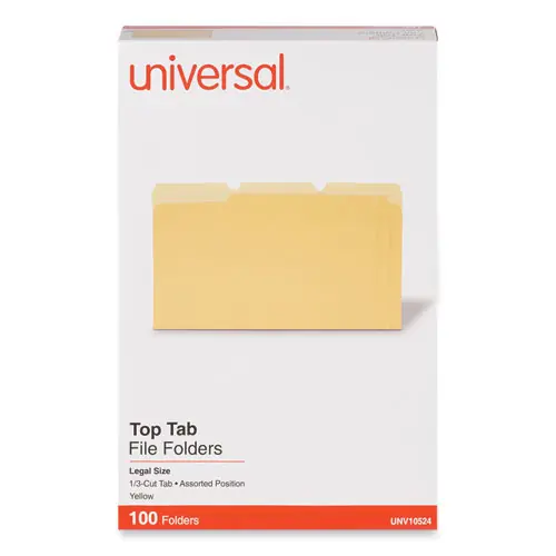 Universal® Deluxe Colored Top Tab File Folders, 1/3-Cut Tabs, Assorted Positions, Legal Size, Yellow/Light Yellow, 100/Box