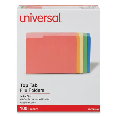 Universal® Deluxe Colored Top Tab File Folders, 1/3-Cut Tabs, Assorted Colors, Letter Size, 100/Box