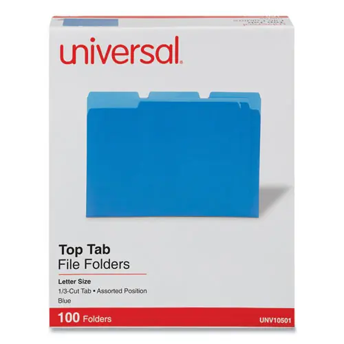 Universal® Deluxe Colored Top Tab File Folders, 1/3-Cut Tabs, Assorted Positions, Letter Size, Blue/Light Blue, 100/Box