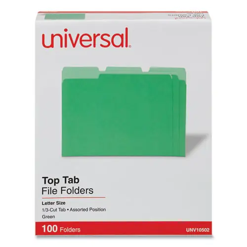 Universal® Deluxe Colored Top Tab File Folders, 1/3-Cut Tabs, Assorted Positions, Letter Size, Green/Light Green, 100/Box
