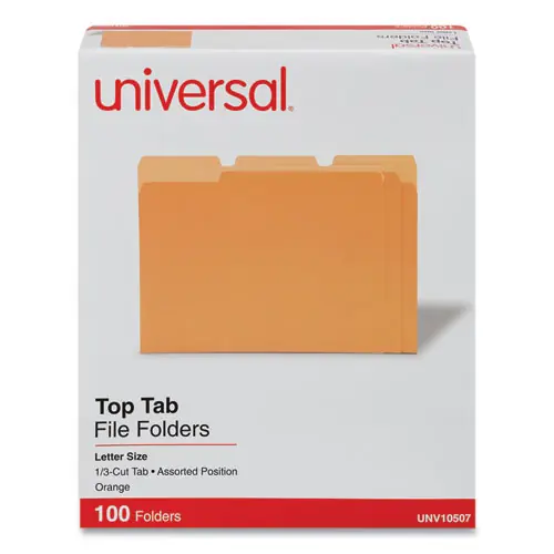 Universal® Deluxe Colored Top Tab File Folders, 1/3-Cut Tabs, Assorted Positions, Letter Size, Orange/Light Orange, 100/Box