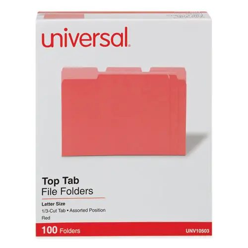Universal® Deluxe Colored Top Tab File Folders, 1/3-Cut Tabs, Assorted Positions, Letter Size, Red/Light Red, 100/Box