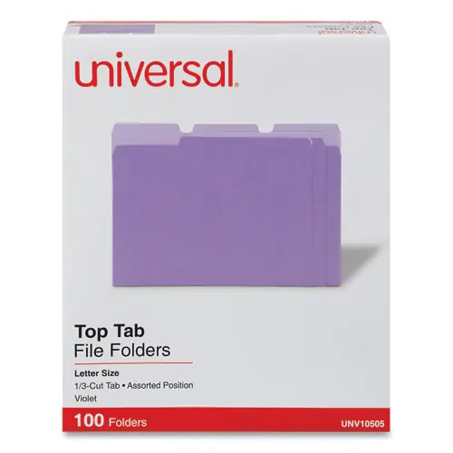Universal® Deluxe Colored Top Tab File Folders, 1/3-Cut Tabs, Assorted Positions, Letter Size, 100/Box, Violet/Light Violet