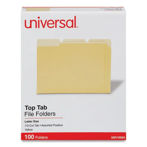 Universal® Deluxe Colored Top Tab File Folders, 1/3-Cut Tabs, Assorted Positions, Letter Size, Yellow/Light Yellow, 100/Box