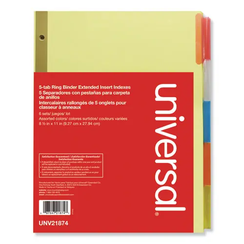 Universal® Deluxe Extended Insertable Tab Indexes, 5-Tab, 11 x 8.5, Buff, Assorted Tabs
