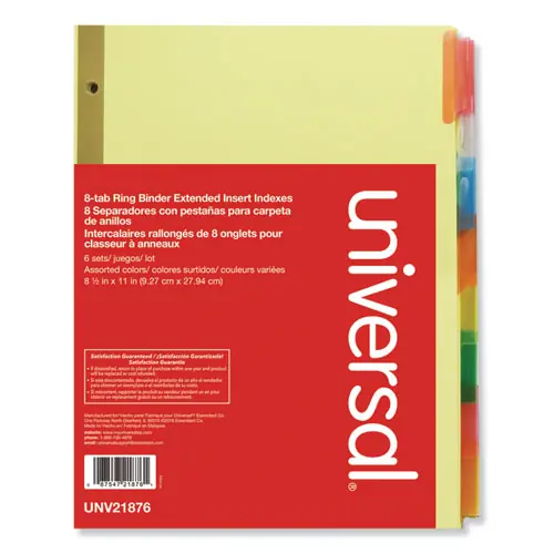 Universal® Deluxe Extended Insertable Tab Indexes, 8-Tab, 11 x 8.5, Buff, Assorted Tabs, 6 Sets