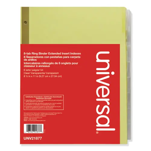 Universal® Deluxe Extended Insertable Tab Indexes, 8-Tab, Buff, Clear Tabs, 6 Sets