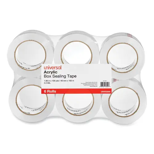 Universal® Deluxe General-Purpose Acrylic Box Sealing Tape, 2 mil, 3" Core, 1.88" x 109 yds, Clear, 6/Pack