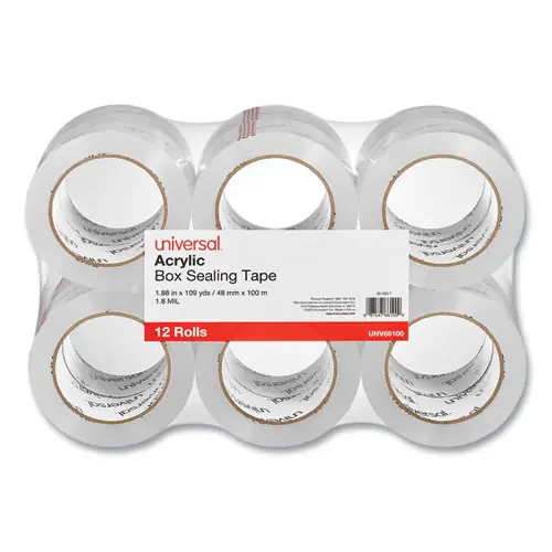 Universal® Deluxe General-Purpose Acrylic Box Sealing Tape, 3" Core, 1.88" x 109 yds, Clear, 12/Pack