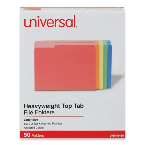 Universal® Deluxe Heavyweight File Folders, 1/3-Cut Tabs, Letter Size, 0.75" Expansion, Assorted Colors, 50/Box