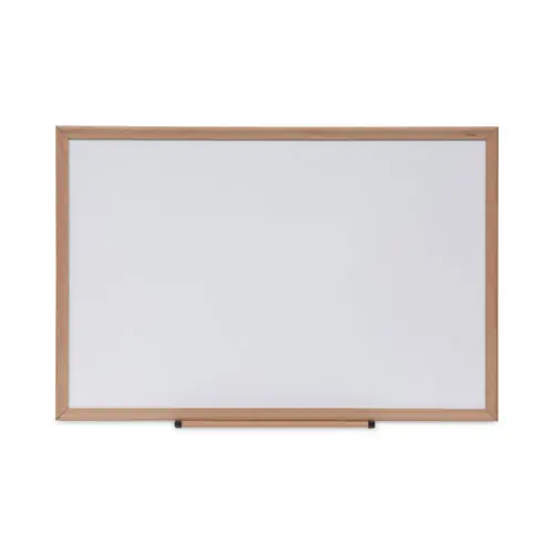 Universal® Deluxe Melamine Dry Erase Board, 36" x 24", White Surface, Oak Finished Fiberboard (MDF) Frame