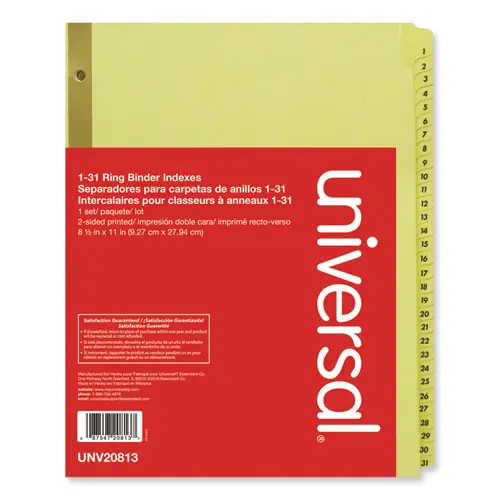 Universal® Deluxe Preprinted Plastic Coated Tab Dividers with Black Printing, 31-Tab, 1 to 31, 11 x 8.5, Buff, 1 Set