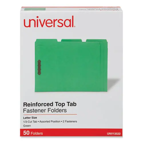 Universal® Deluxe Reinforced Top Tab Fastener Folders, Letter Size, Green, 50/Box