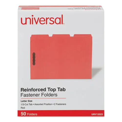 Universal® Deluxe Reinforced Top Tab Fastener Folders, Letter Size, Red, 50/Box