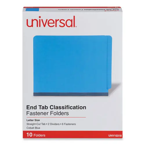 Universal® Deluxe Six-Section Pressboard End Tab Classification Folders, Letter Size, Cobalt Blue, 10/Box