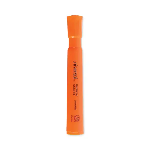 Universal™ Desk Highlighters, Fluorescent Orange Ink, Chisel Tip, Orange Barrel, Dozen