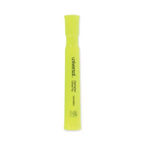 Universal™ Desk Highlighters, Fluorescent Yellow Ink, Chisel Tip, Yellow Barrel, Dozen