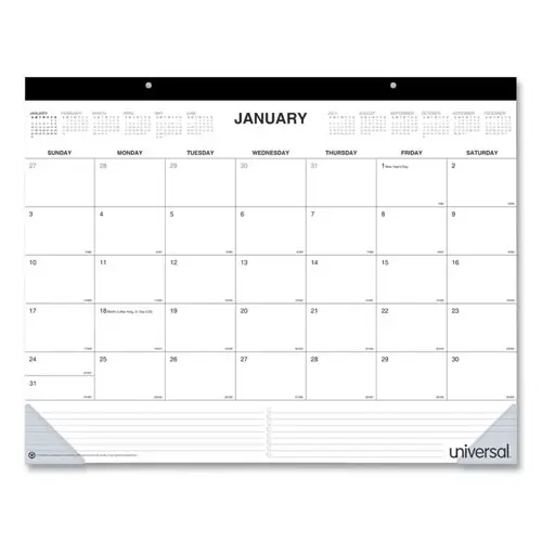Universal® Desk Pad Calendar, 22 x 17, White Sheets, Black Binding, Clear Corners, 12-Month (Jan to Dec): 2025