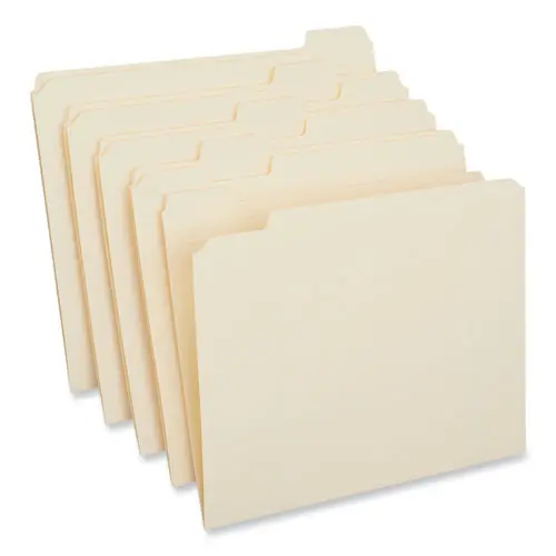 Universal® Double-Ply Top Tab Manila File Folders, 1/5-Cut Tabs, Assorted Positions, Letter Size, 0.75" Expansion, 100/Box