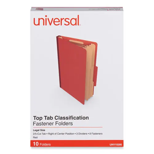 Universal® Eight-Section Pressboard Classification Folders, Legal Size, Red, 10/Box