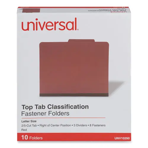 Universal® Eight-Section Pressboard Classification Folders, Letter Size, Red, 10/Box