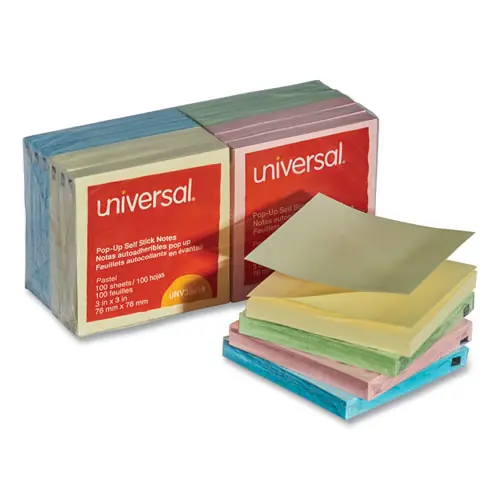 Universal® Fan-Folded Self-Stick Pop-Up Note Pads, 3" x 3", Assorted Pastel Colors, 100 Sheets/Pad, 12 Pads/Pack