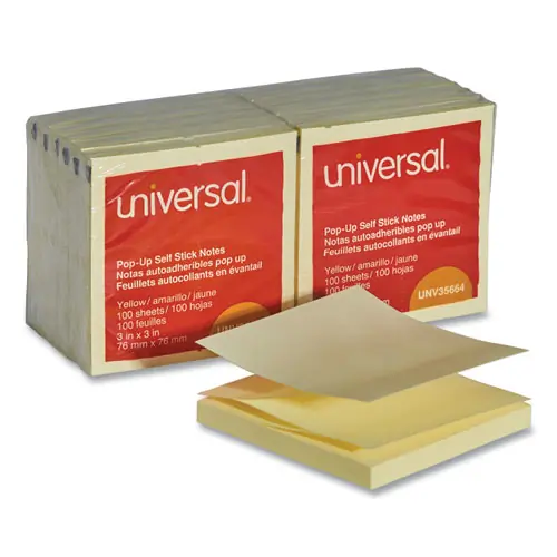 Universal® Fan-Folded Self-Stick Pop-Up Note Pads, 3" x 3", Yellow, 100 Sheets/Pad, 12 Pads/Pack