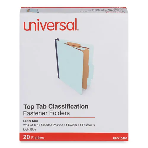 Universal® Four-Section Pressboard Classification Folders, Letter Size, Light Blue, 20/Box