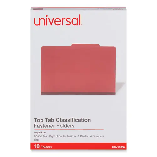 Universal® Four-Section Pressboard Classification Folders, Legal Size, Red, 10/Box