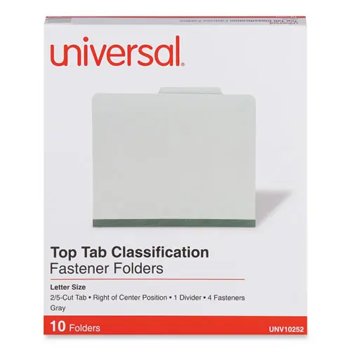Universal® Four-Section Pressboard Classification Folders, Letter Size, Gray, 10/Box