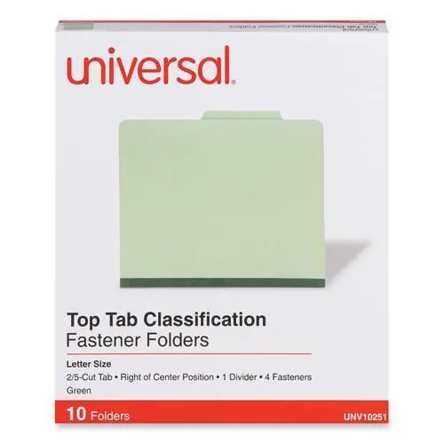 Universal® Four-Section Pressboard Classification Folders with 2" Expansion, Letter Size, Green, 10/Box